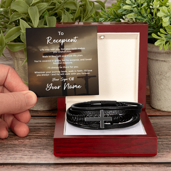 Men's black cross bracelet gift for him with a personalized message card