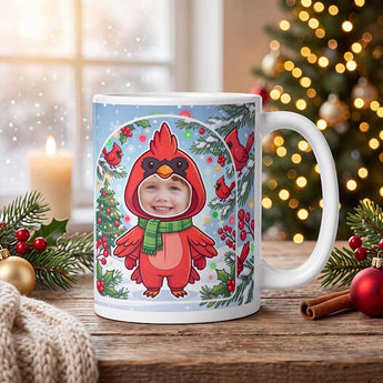 Personalized cardinal photo mug on a cosy Christmas table — a real face on a cute cartoon red cardinal onesie with a green scarf, printed both sides
