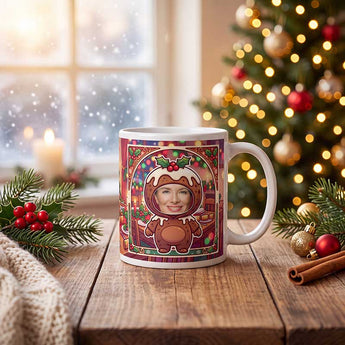 Personalized Christmas pudding photo mug on a cosy Christmas table — a real face on a cute cartoon Christmas pudding onesie with holly, printed both sides