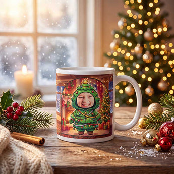 Personalized Christmas tree photo mug on a cosy Christmas table — a real face on a cute cartoon Christmas tree onesie, printed both sides