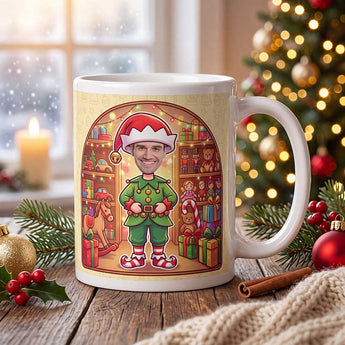 Personalized elf photo mug on a cosy Christmas table — a real face on a cute cartoon Christmas elf, printed both sides