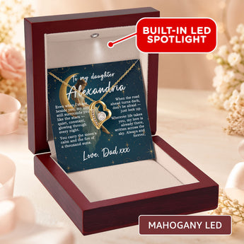 Forever Love heart necklace gift for daughter in 18k yellow gold finish, shown in a mahogany LED gift box