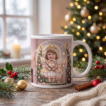 Personalized fairy photo mug on a cosy Christmas table — a real face on a cute cartoon Christmas fairy with a tiara, star wand and wings, printed both sides