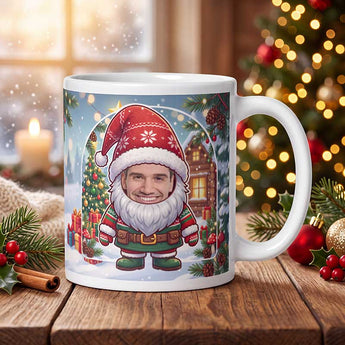 Personalized gnome photo mug on a cosy Christmas table — a real face on a cute cartoon Christmas gnome with a big red hat, printed both sides