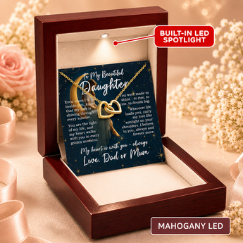 Wooden jewelry box with a necklace and card inside, featuring a built-in LED spotlight.