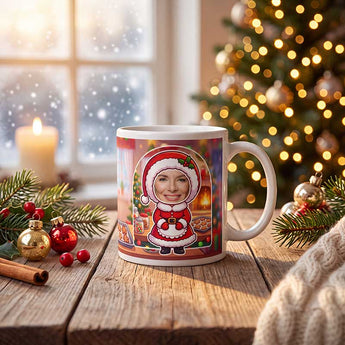 Personalized Mrs Claus photo mug on a cosy Christmas table — a real face on a cute cartoon Mrs Claus in her red dress, printed both sides