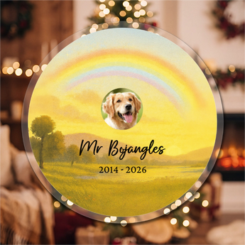 Personalized pet memorial round acrylic ornament with a rainbow-bridge scene and the pet's photo, engraved with the pet's name and dates