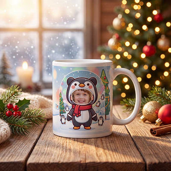 Personalized penguin photo mug on a cosy Christmas table — a real face on a cute cartoon penguin onesie with a red scarf, printed both sides