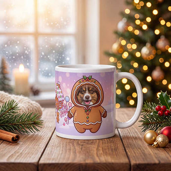 Personalized gingerbread pet Christmas mug with a dog's face in a gingerbread-man onesie