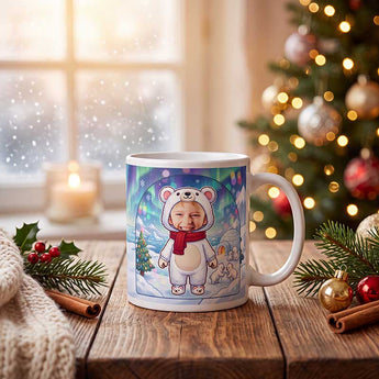 Personalized polar bear photo mug on a cosy Christmas table — a real face on a cute cartoon polar bear onesie under the northern lights, printed both sides