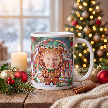 Personalized gingerbread man photo mug on a cosy Christmas table — a real face on a cute cartoon gingerbread onesie, printed both sides