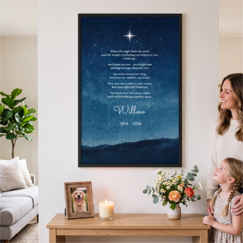 Personalized Starry Night dog memorial framed poster on a wall — a night-sky remembrance design with your pet's name and dates