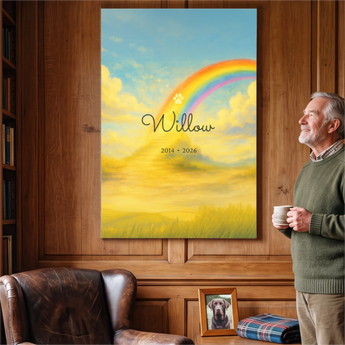 Personalized dog memorial poster with a Rainbow Paw design — a rainbow over a paw print on matte paper, customized with your pet's name, dates and message