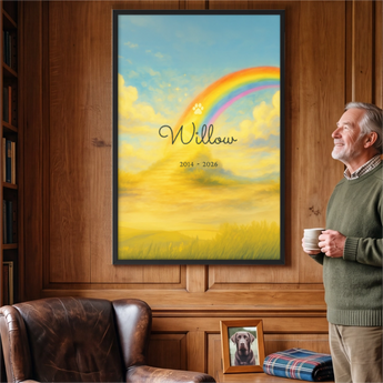 Personalized dog memorial framed poster with a Rainbow Paw design — a rainbow arcing over a paw print, customized with your pet's name, dates and message