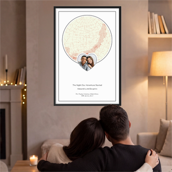 Custom photo heart star map print, framed — your photo set inside a heart with the personalized night sky by date and location