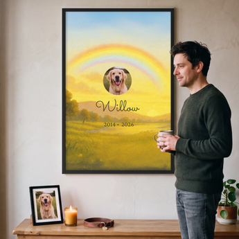 Personalized dog memorial framed poster with a Rainbow Bridge design and your pet's photo, name and dates — a heartfelt pet-loss remembrance keepsake