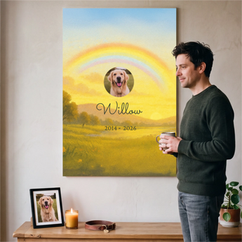 Personalized dog memorial poster with a Rainbow Bridge design and your pet's photo, name and dates — a heartfelt pet-loss remembrance keepsake on matte paper
