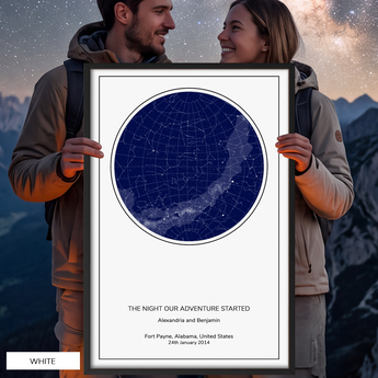 Custom circle star map print, framed — personalized night sky by date and location, one of four light background colours