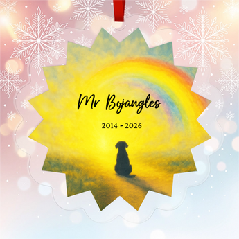 Personalized pet memorial star-shaped acrylic ornament with a rainbow-bridge scene and a dog silhouette, engraved with the pet's name and dates