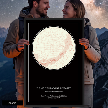 Custom circle star map print, framed — personalized night sky by date and location, one of four dark background colours