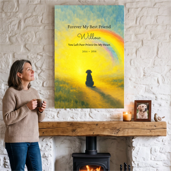 Personalized dog memorial poster, Rainbow Bridge design of a dog silhouette watching a sunrise, customized with your pet's name, dates and message