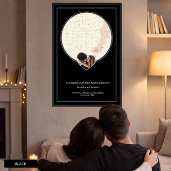 Custom photo star map print, a circular night sky with your photo set in a heart, framed, dark background — personalized night sky charted by date and location