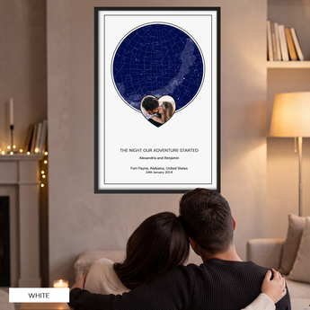 Custom photo star map print, a circular night sky with your photo set in a heart, framed, light background — personalized night sky charted by date and location