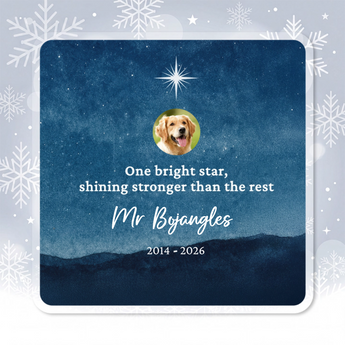 Personalized pet memorial square acrylic ornament with a starry night sky and the pet's photo, engraved with the pet's name and dates