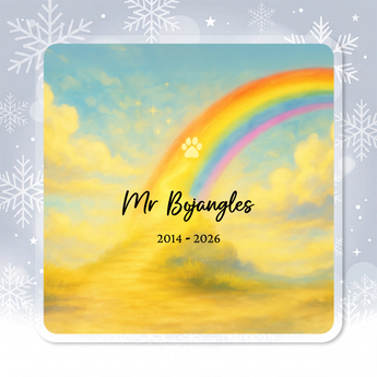 Personalized pet memorial square acrylic ornament with a bright rainbow and golden paw print, engraved with the pet's name and dates