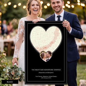 Custom photo star map print, a heart-shaped night sky with your photo set in a second heart, framed, dark background — personalized night sky charted by date and location