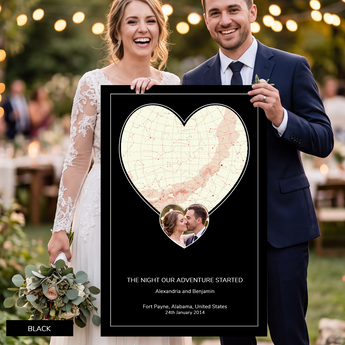 Custom photo star map print, a heart-shaped night sky with your photo set in a second heart, unframed, dark background — personalized night sky charted by date and location
