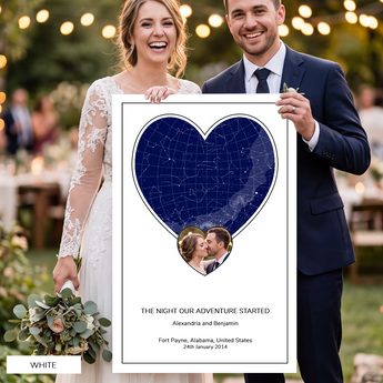 Custom photo star map print, a heart-shaped night sky with your photo set in a second heart, unframed, light background — personalized night sky charted by date and location