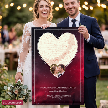 Custom photo star map print, a heart-shaped night sky with your photo set in a second heart, unframed, dark background — personalized night sky charted by date and location — museum-quality fine-art print made to order in the USA