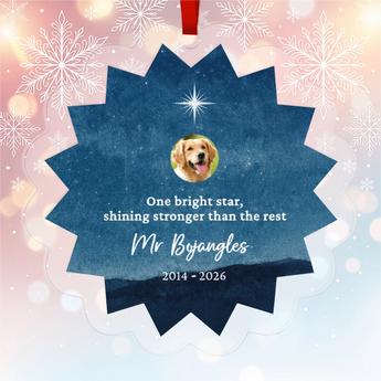 Personalized pet memorial star-shaped acrylic ornament with a starry night sky and the pet's photo, engraved with the pet's name and dates