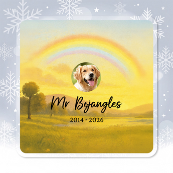Personalized pet memorial square acrylic ornament with a rainbow-bridge scene and the pet's photo, engraved with the pet's name and dates