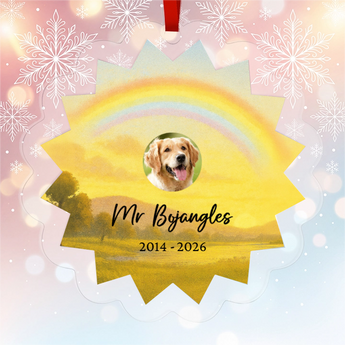 Personalized pet memorial star-shaped acrylic ornament with a hand-painted rainbow-bridge scene and the pet's photo, name and dates