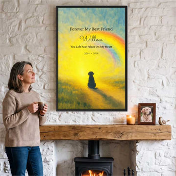 Personalized dog memorial framed poster with a Rainbow Bridge design on a wall, customized with a pet's name, dates and message — a heartfelt pet-loss keepsake