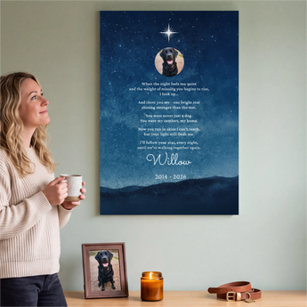Personalized dog memorial poster with a Starry Night design and your pet's photo, name, dates and a remembrance verse — a heartfelt pet-loss keepsake on matte paper