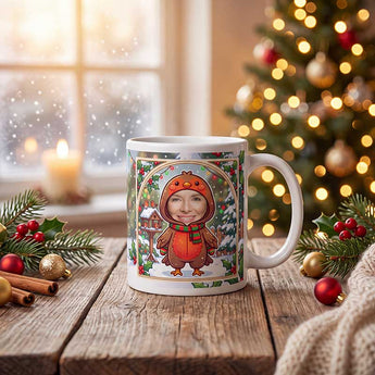 Personalized robin photo mug on a cosy Christmas table — a real face on a cute cartoon robin onesie with a scarf, printed both sides