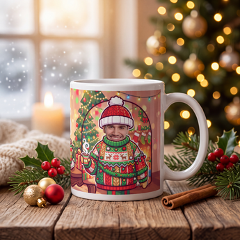 Personalized ugly Christmas sweater photo mug on a cosy Christmas table — a real face on a fun cartoon character in a festive knitted sweater, printed both sides