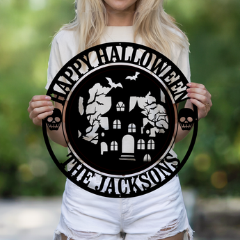 Halloween haunted house personalized metal sign - custom family name wall art