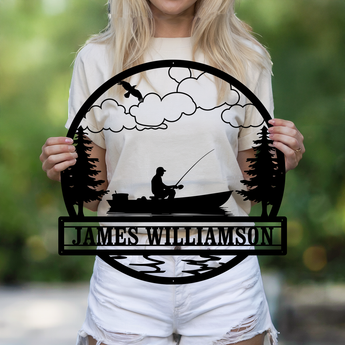 Personalized Fisherman and Lake Name Metal Sign