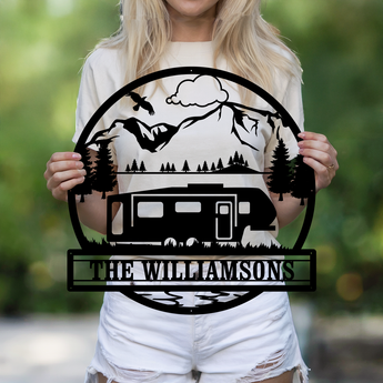 Personalized RV and Mountain Name Metal Sign