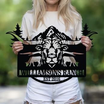 Longhorn and mountain personalized metal sign - custom family name western wall art