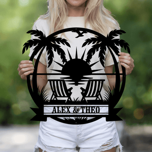 Beach and sunset personalized metal sign - custom family name coastal wall art