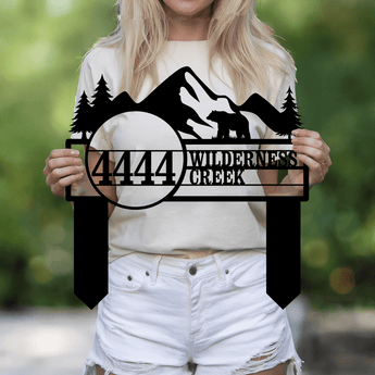 Bear and mountain personalized metal sign - custom name address wilderness wall art