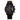 Black chronograph watch with metal band close up front view