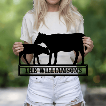 Personalized Cow and Calf Family Name Metal Sign