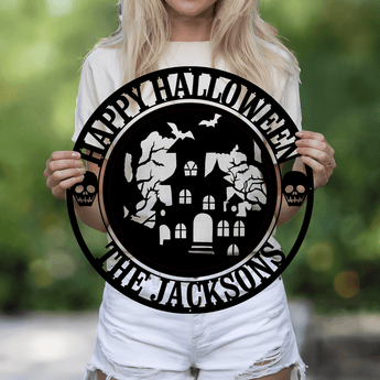 Halloween haunted house personalized metal sign - custom family name wall art