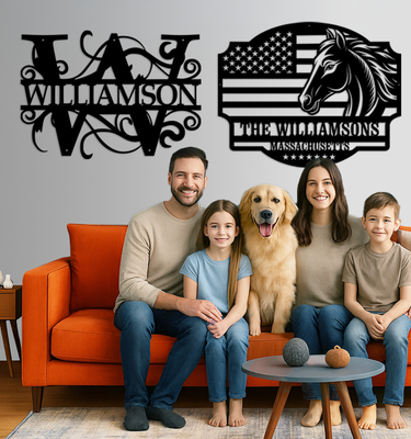 two personalized metal wall signs with family name including monogram and horse design displayed above sofa with smiling family and dog